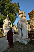 Myanmar - Inwa,  lions guarding enterance to Mahar Aung Mye Bon San Monastery 